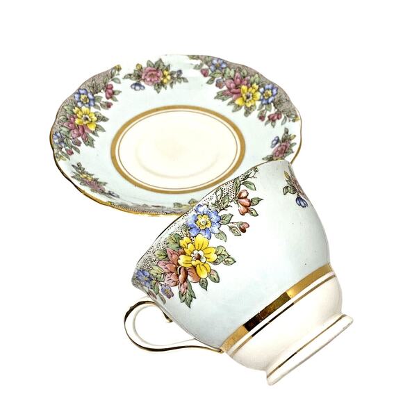 Colclough England Bone China Footed Tea Cup & Saucer Set Pale Blue & Floral - Picture 3 of 9